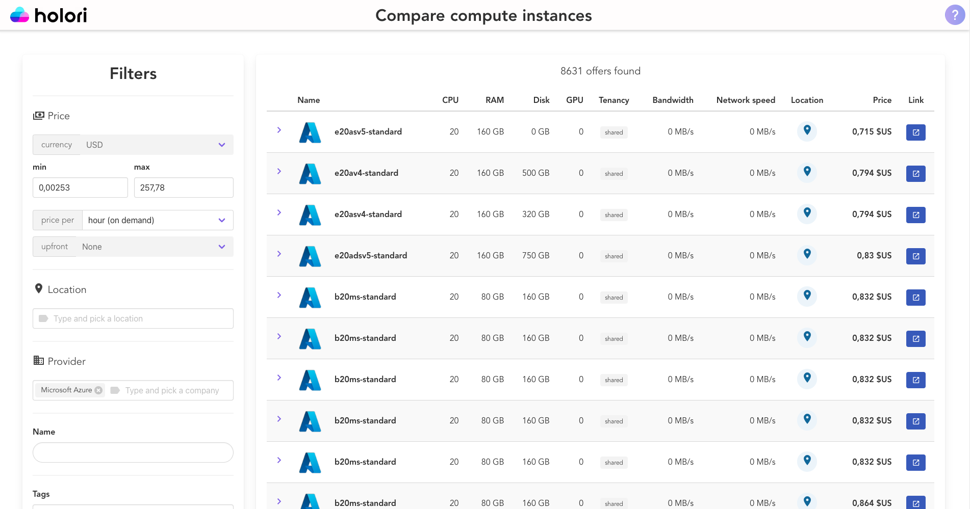 Holori - Compare Azure VM Prices