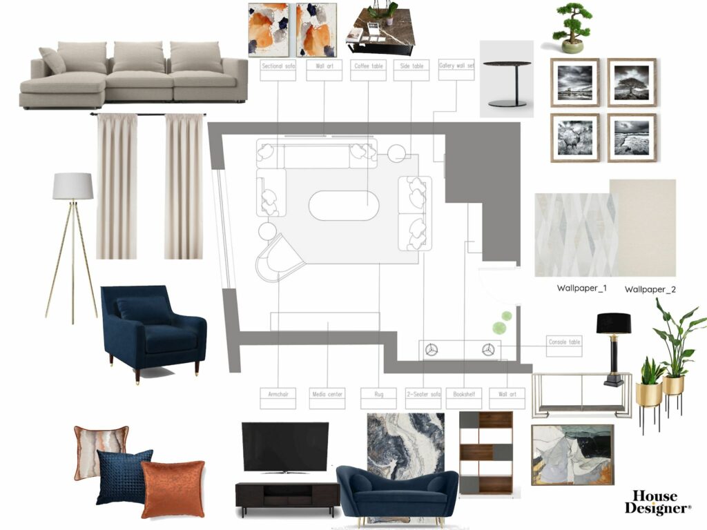 Spacious Living Room Design With Elegant Geometric Wallpaper