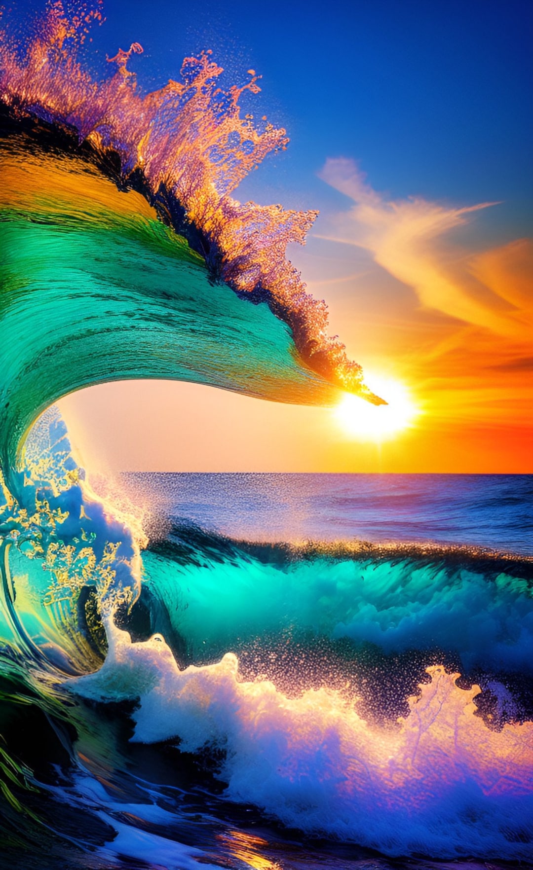 Beautiful Colorful Ocean Waves Sunset Art . Blue Sky Clouds Water Reflections Beach Surfing ...