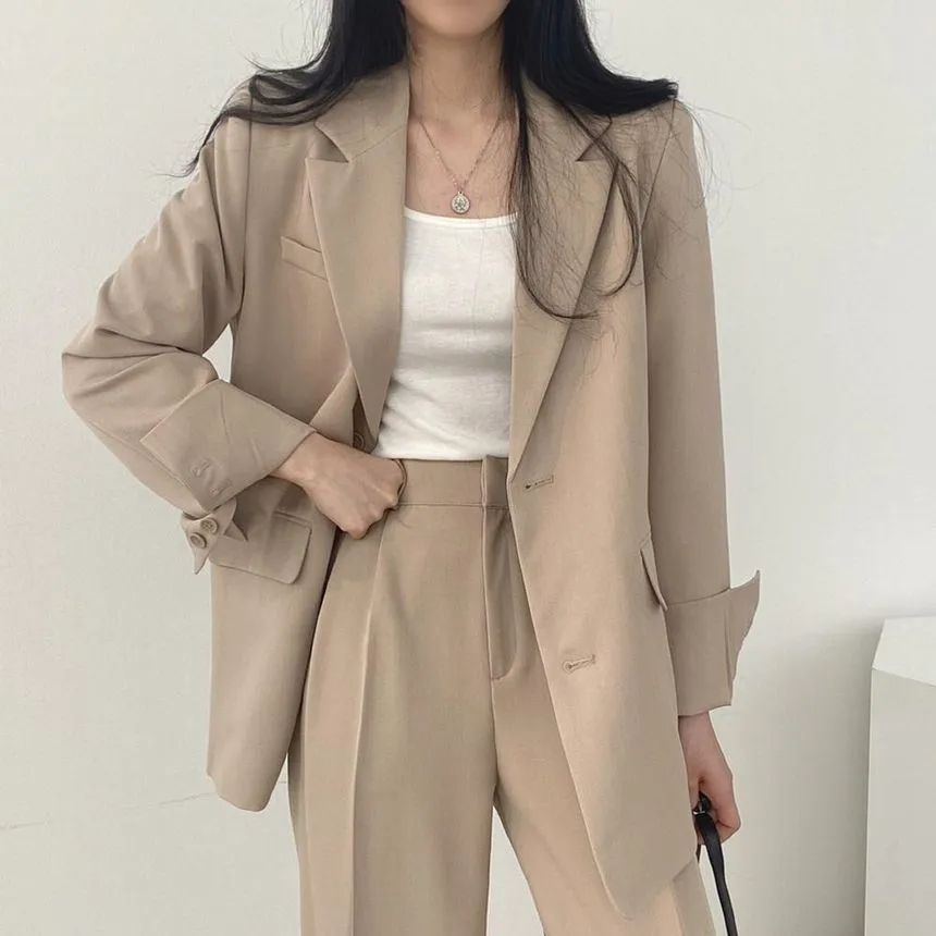 Coris - Plain Single-Breasted Blazer / Wide-Leg Pants | YesStyle Khaki Suit, Khaki Jacket, Pink ...