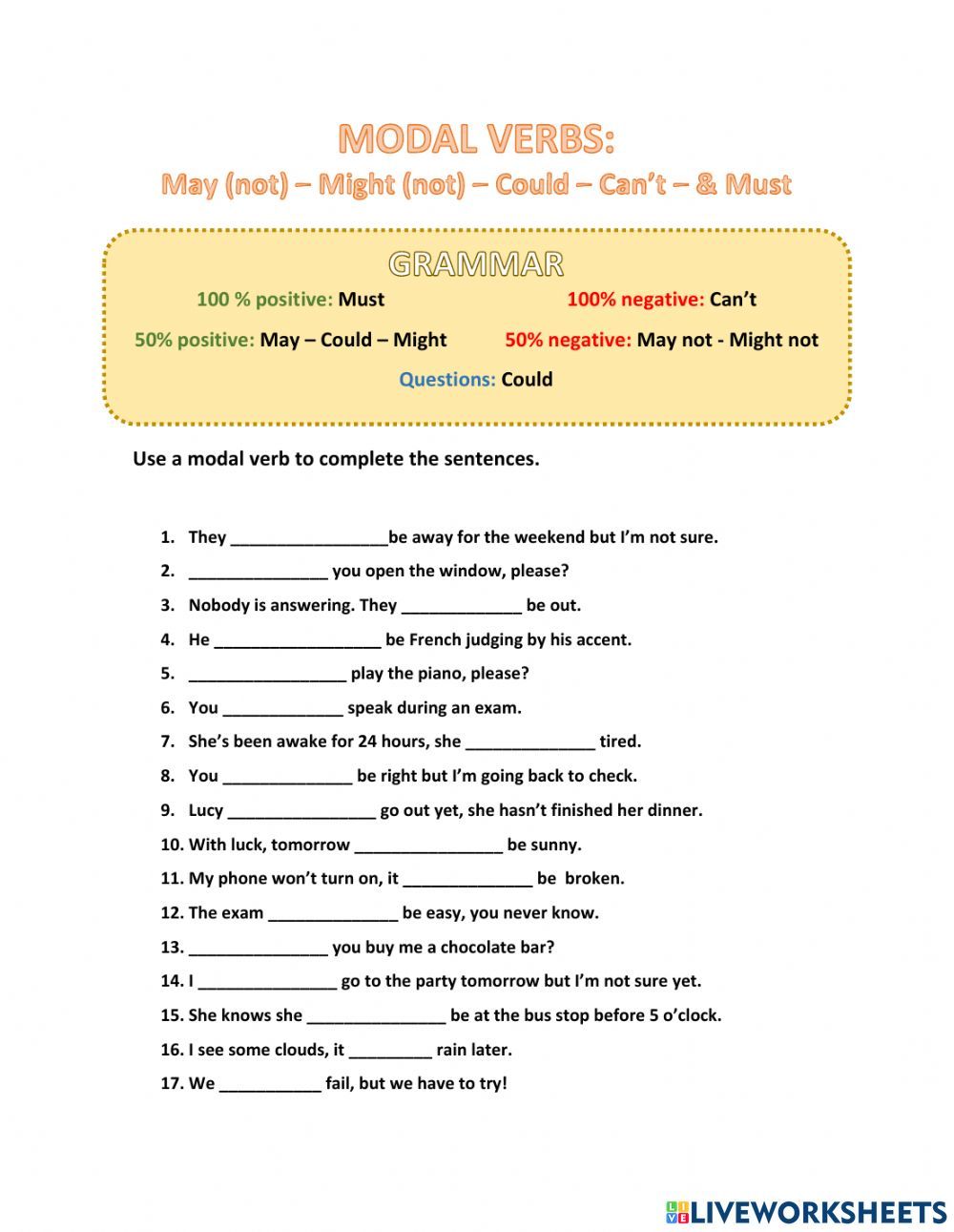 Modal Verbs (Must, Can&#39;t, May, Might, Could) Worksheet | Verb Worksheets, English Language ...