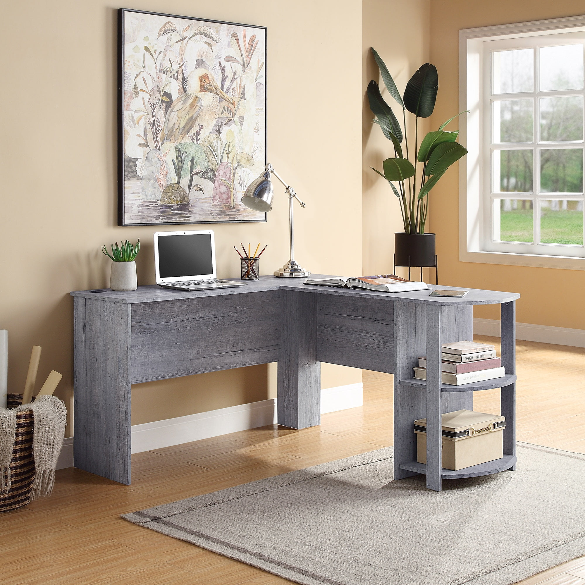 BELLEZE Kent L-Shaped Home Office Desk, Wood Corner Computer Desk, Light Grey - Walmart.com ...