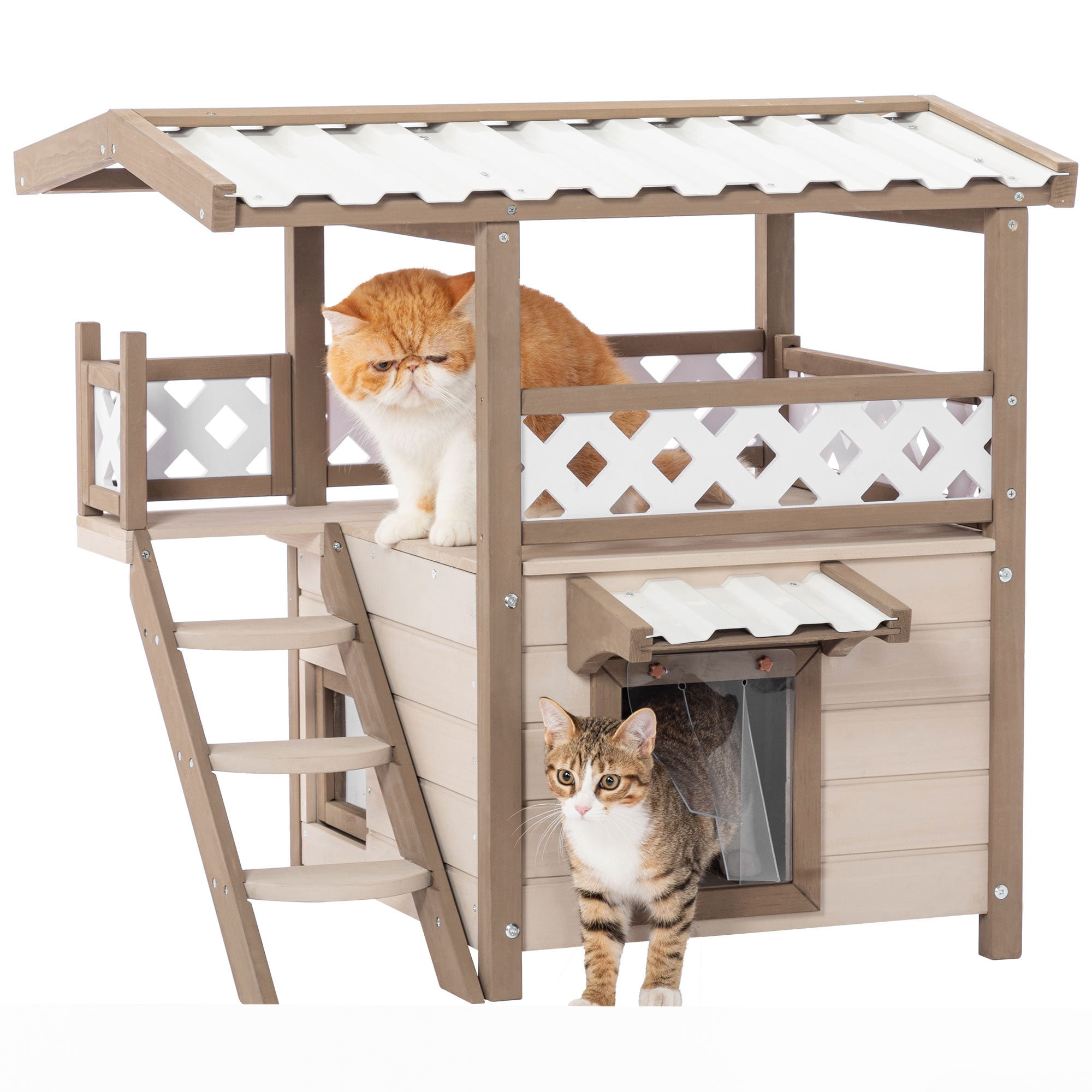 Feral Cat House Outdoor Indoor Kitty Houses with Durable PVC Roof, Escape Door,Curtain and Stair ...