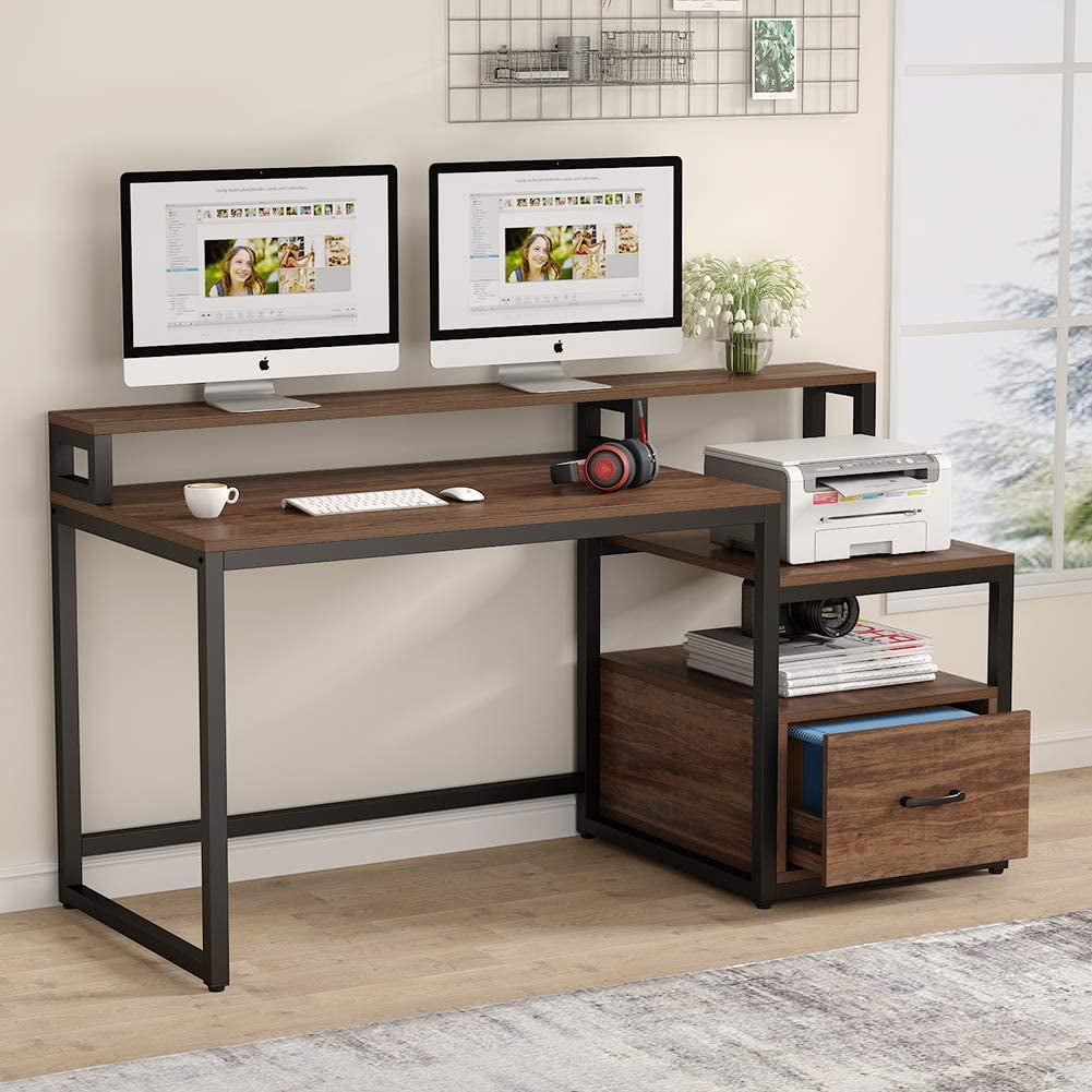 Tribesigns Computer Desk with File Drawer and Storage Shelves, 59 inch Vintage Large Home Office ...