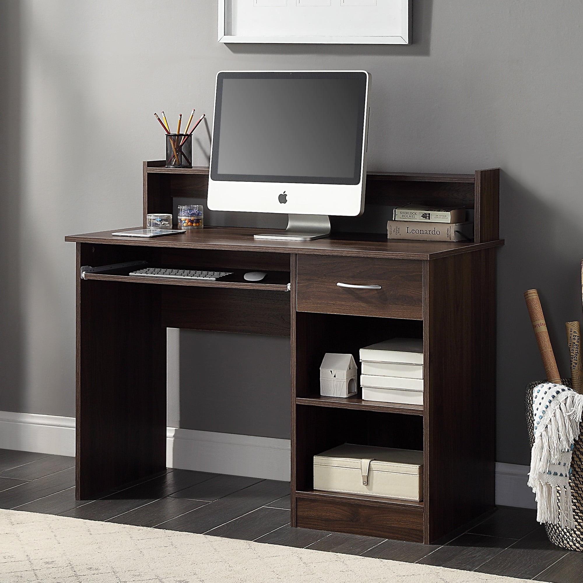 BELLEZE Wren 42&quot; Home Office Computer Table Study Writing Desk Workstation With Hutch For Small ...