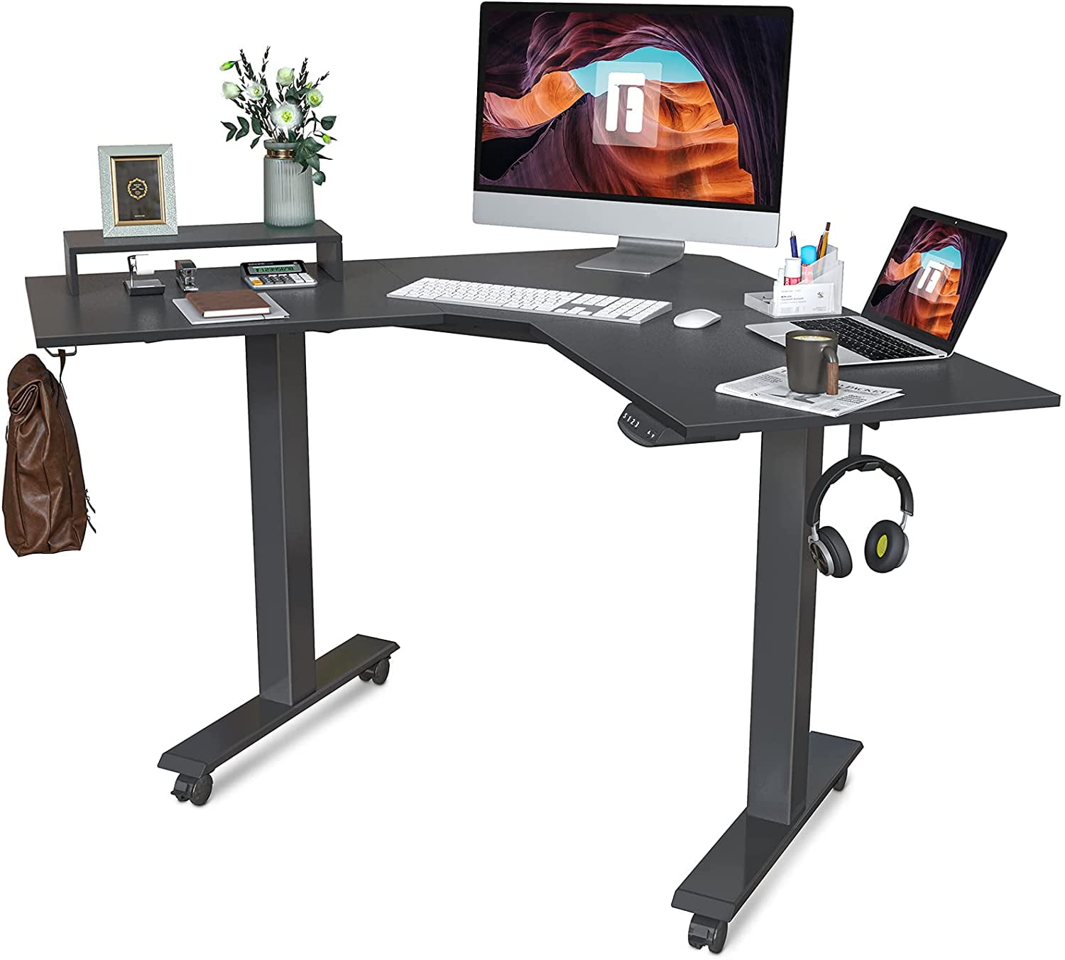 FEZIBO Dual Motor L-Shaped Electric Standing Desk, Height Adjustable Desk, Home Office L Shape ...