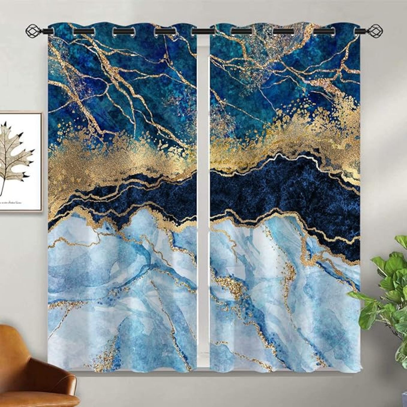 Abstract Marble Blackout Curtains For Girls Boy Home Decor, Blue And White Gold Luxury Granite ...