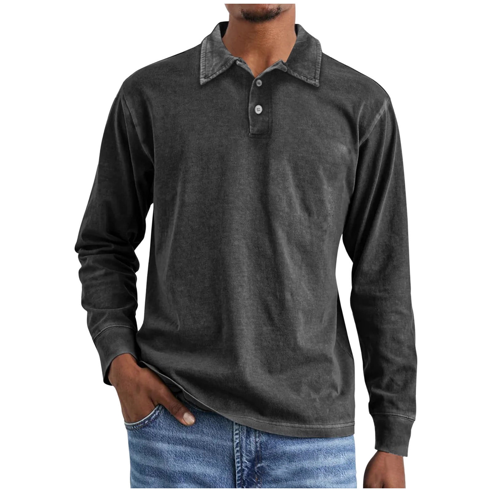 BiZtdJrK Men&#39;s Casual Polos Shirts Lightweight Long Sleeve Distressed Washed Collared Golf T ...