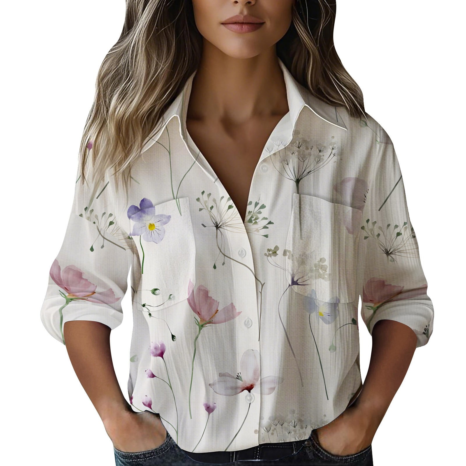 Bovemsi Casual Loose Tops Women&#39;s Cotton Shirt Printed Fashionable Button Up Top With Seven ...