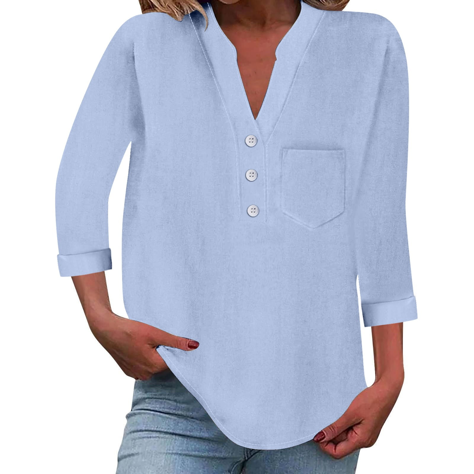 Bovemsi Women&#39;s Long Sleeve Tops Loose Button Shirt Top Stand Solid Color Collar Casual Long ...