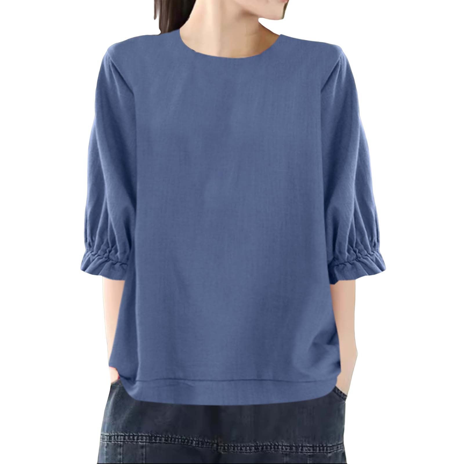 Bovemsi Women&#39;s Long Sleeve Tops Loose Round Neck Large Size Five Point Top Long Sleeve Blouse ...