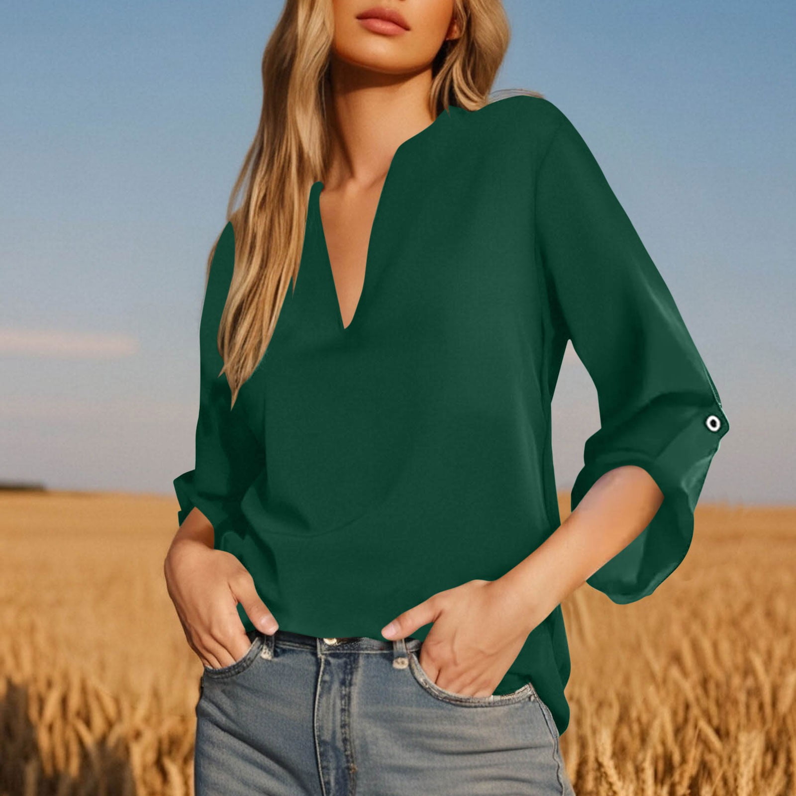 Bxsruta Blouse For Women, Loose Solid Color Top Women&#39;s Casual V-neck Shirt With Cuffs - Walmart.com