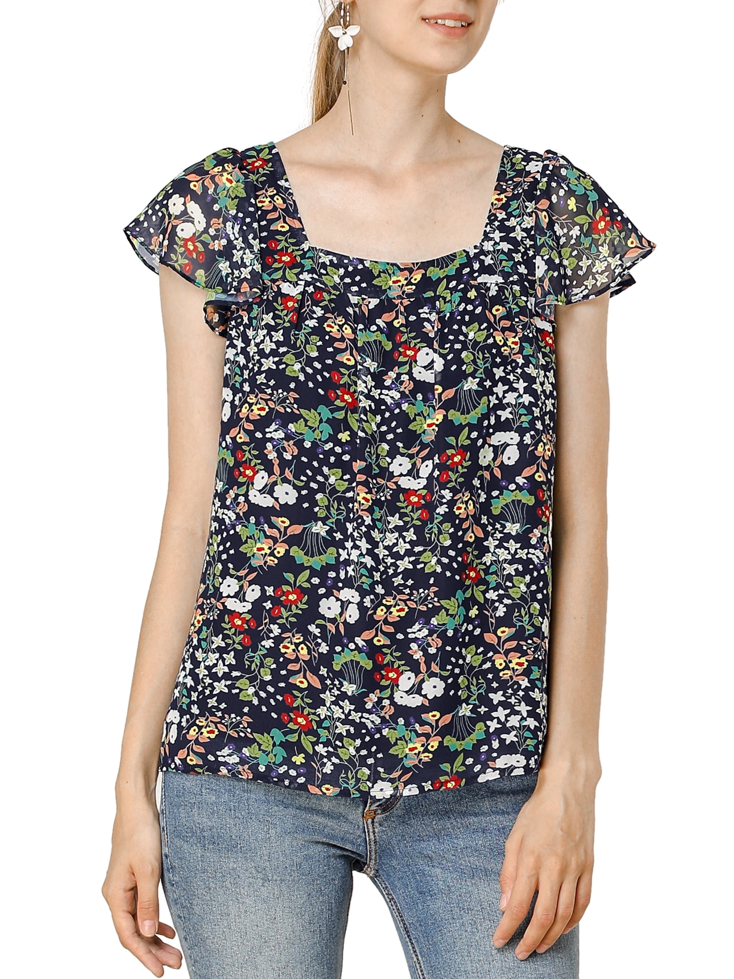 DARING DIVA Women&#39;s Floral Ruffle Sleeve Chiffon Blouse Top XL Navy Blue - Walmart.com