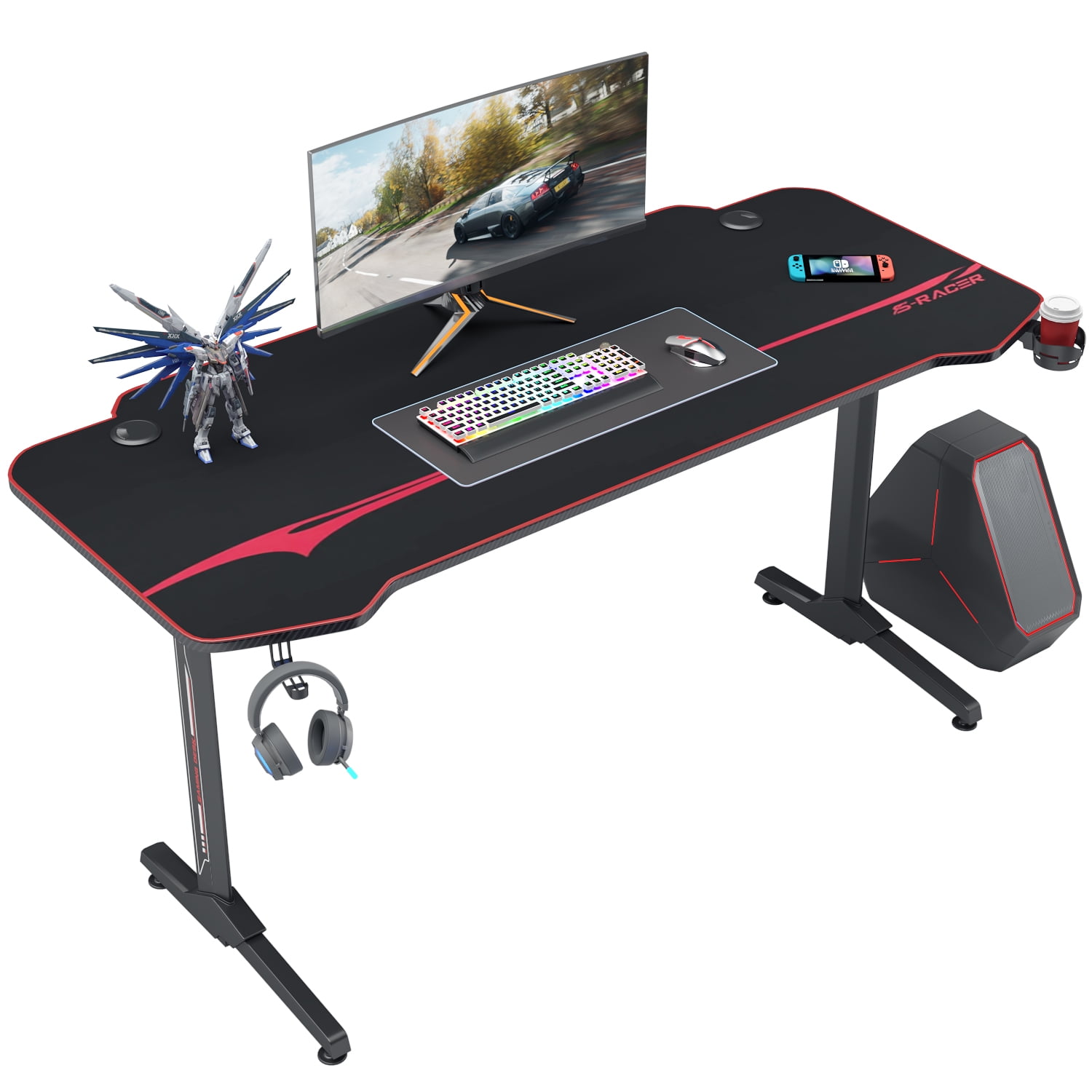 &quot;Homall 55&quot;&quot; T-Shaped Carbon Fiber Desktop Gaming Desk With Cup Holder & Headphone Hook, Black ...
