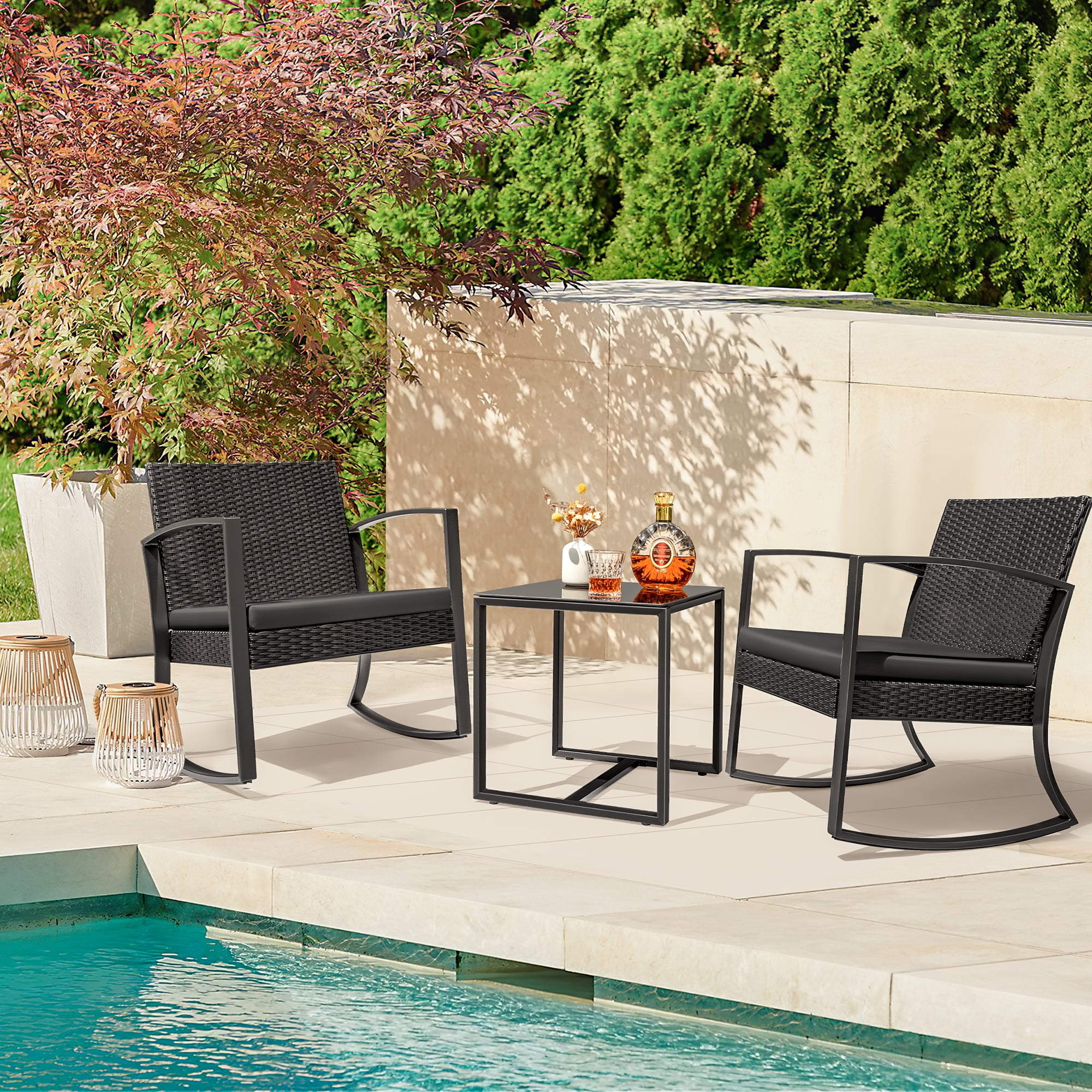 Homall Modern Metal Balcony Table Patio Furniture Set With All-Weather Rocking Chairs & Cushion ...