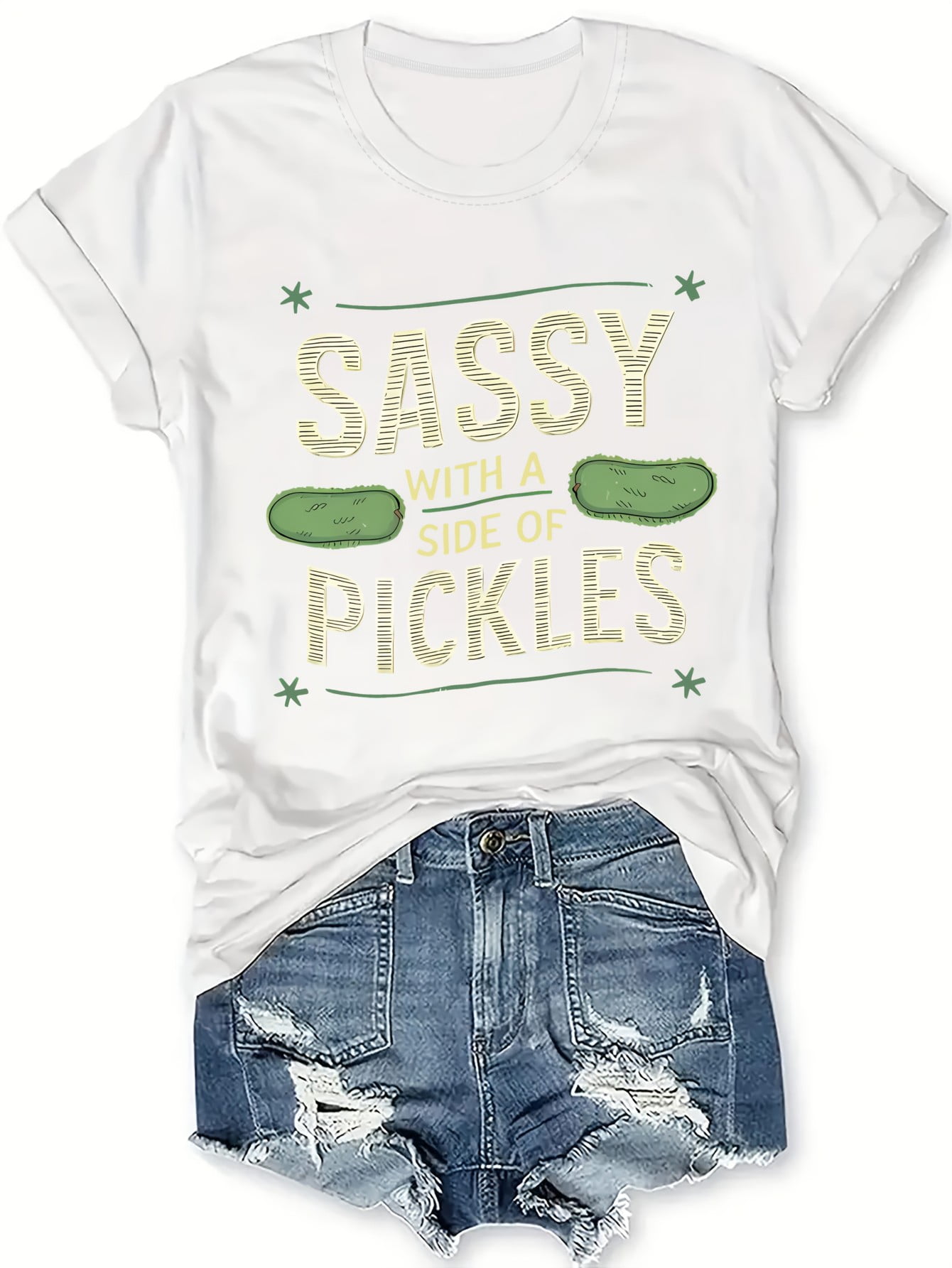 Playful Pickled Cucumber Print T-Shirt, Short Sleeve Crew Neck Casual Top For Summer & Spring ...