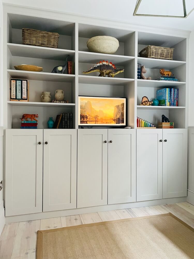BILLY bookcase built-in hack with TV and Playroom Toy Storage