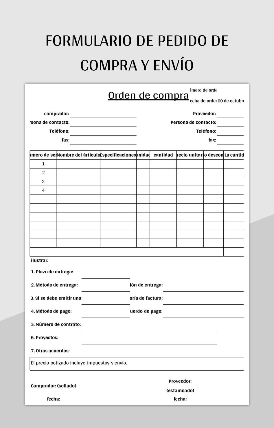 Plantilla De Formato Excel Formulario De Pedido De Compra Y Envío Y Hoja De Cálculo De Google...