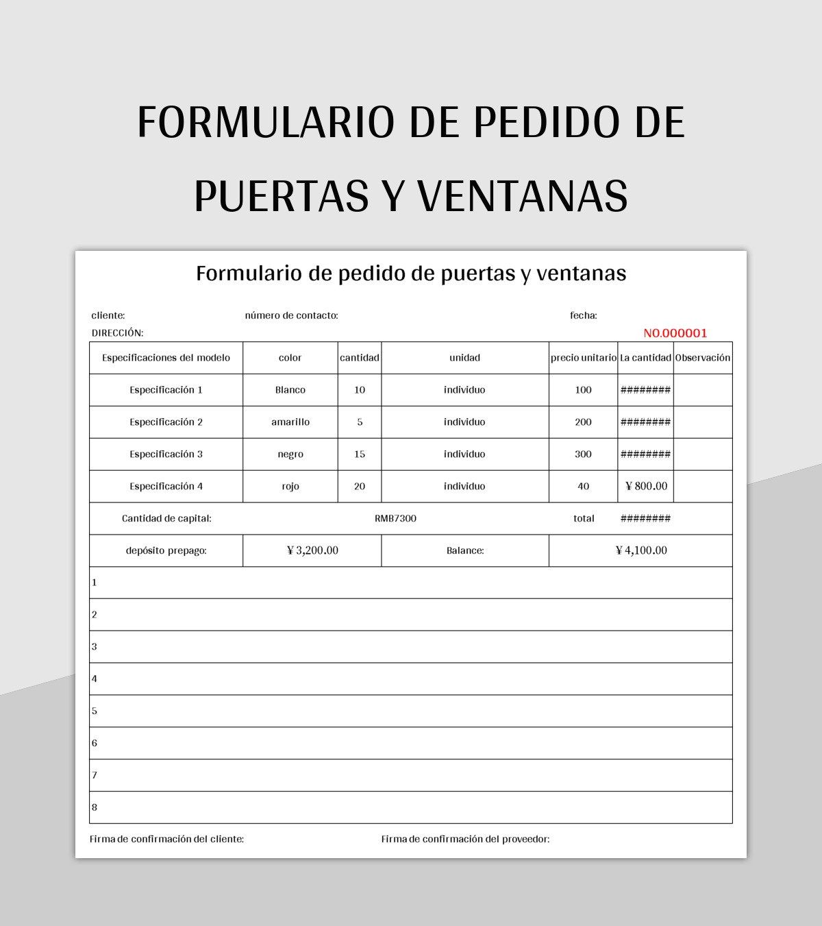 Plantilla De Excel Formulario De Pedido De Puertas Y Ventanas Y Hoja De Cálculo De Google Para...