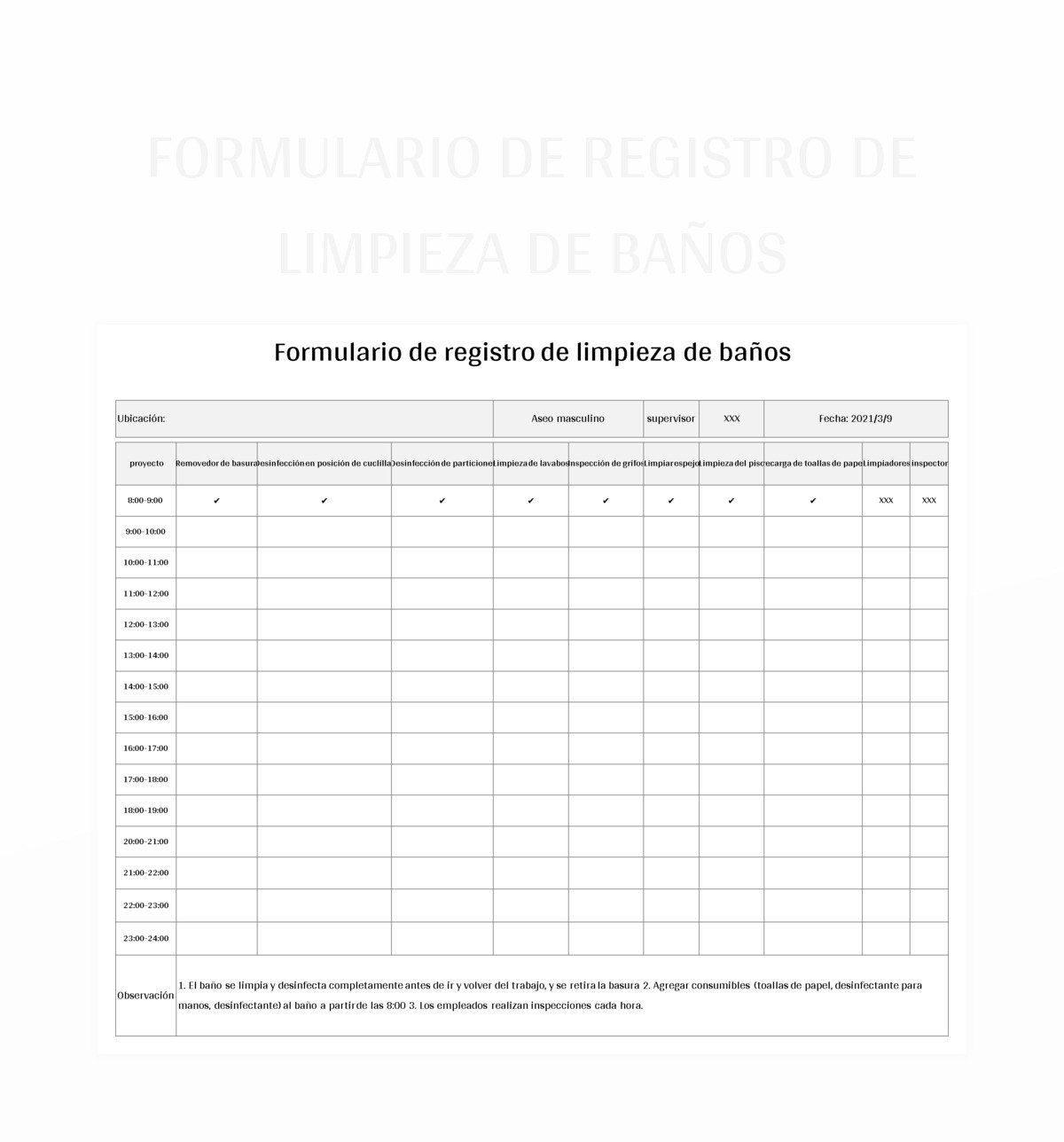 Plantilla De Formato Excel Formulario De Registro De Limpieza Y Saneamiento Y Hoja De Cálculo De...