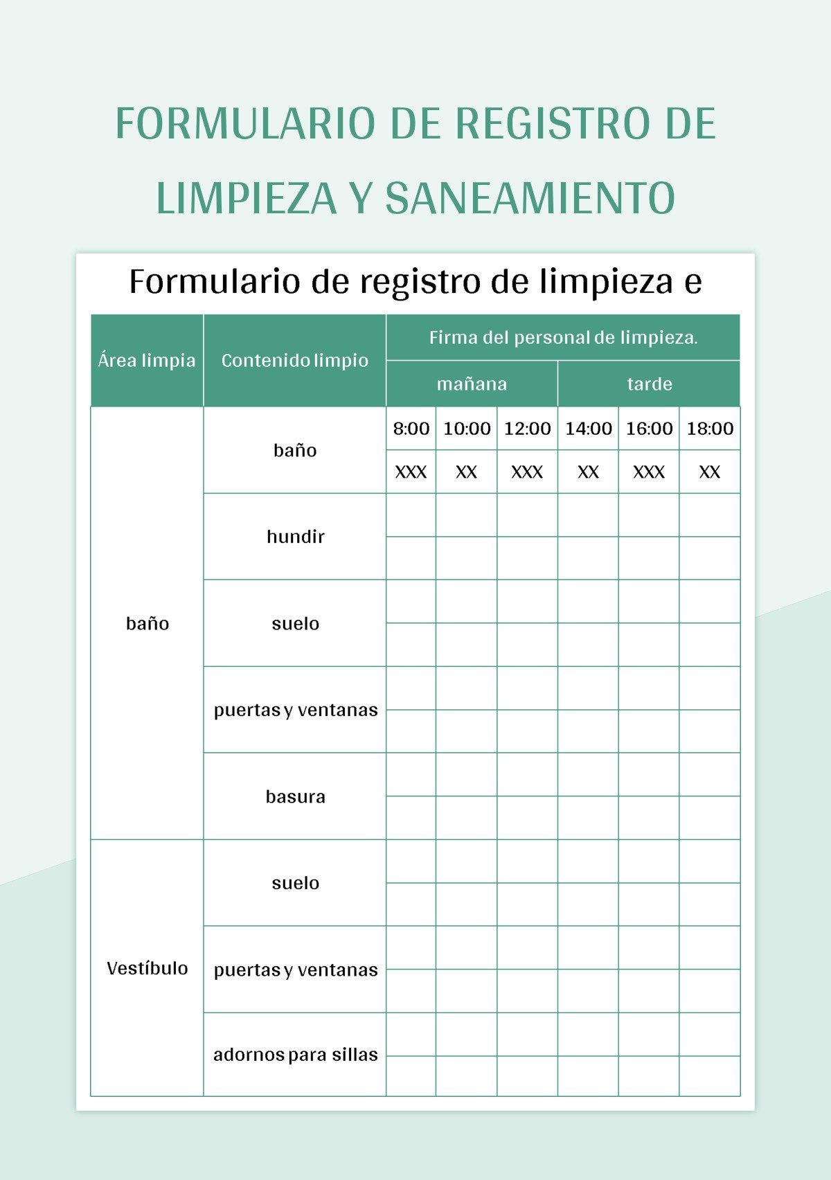Plantilla De Formato Excel Formulario De Registro De Limpieza De Baños Y Hoja De Cálculo De...