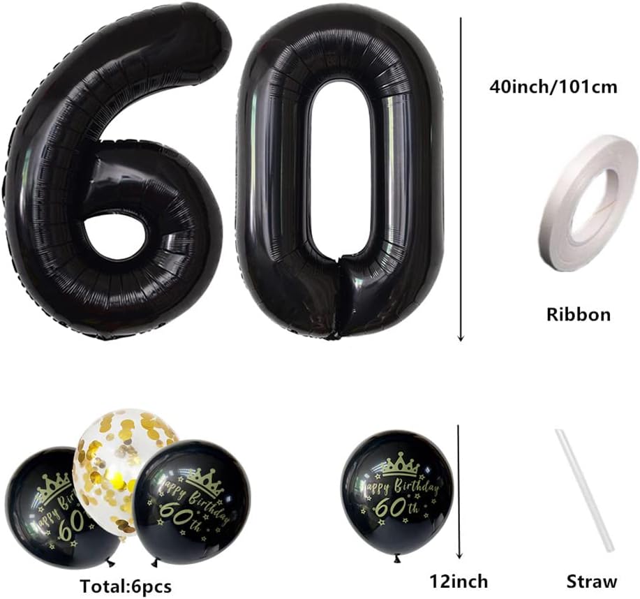 Buy Printed Number 60 Balloons Black Unique 60th Birthday Decorations Men Women Including...