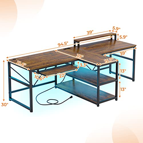 SEDETA 94.5&quot; Home Office Desks, Computer Gaming Desk with Storage, LED Lights, Power Strip with ...