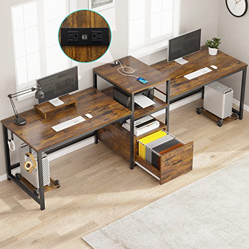 SEDETA 98&quot; Home Office Desk, 2 Person Computer Desk With Letter/A4 File Drawer & Power Strip...