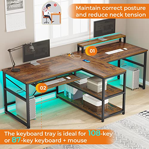 SEDETA 94.5&quot; Home Office Desks, Computer Gaming Desk With Storage, LED Lights, Power Strip With...