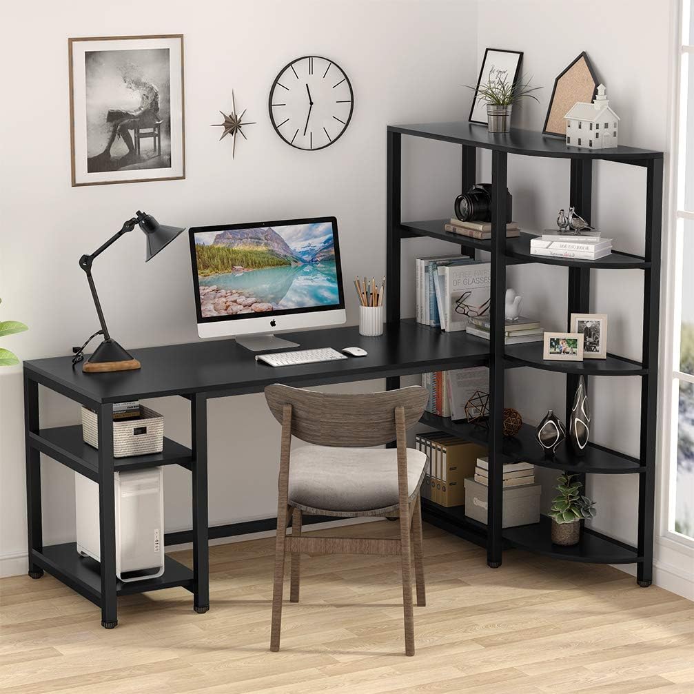 Tribesigns Black 67 inch Modern Computer Desk with 5 Tier Storage Shelves ZE | eBay