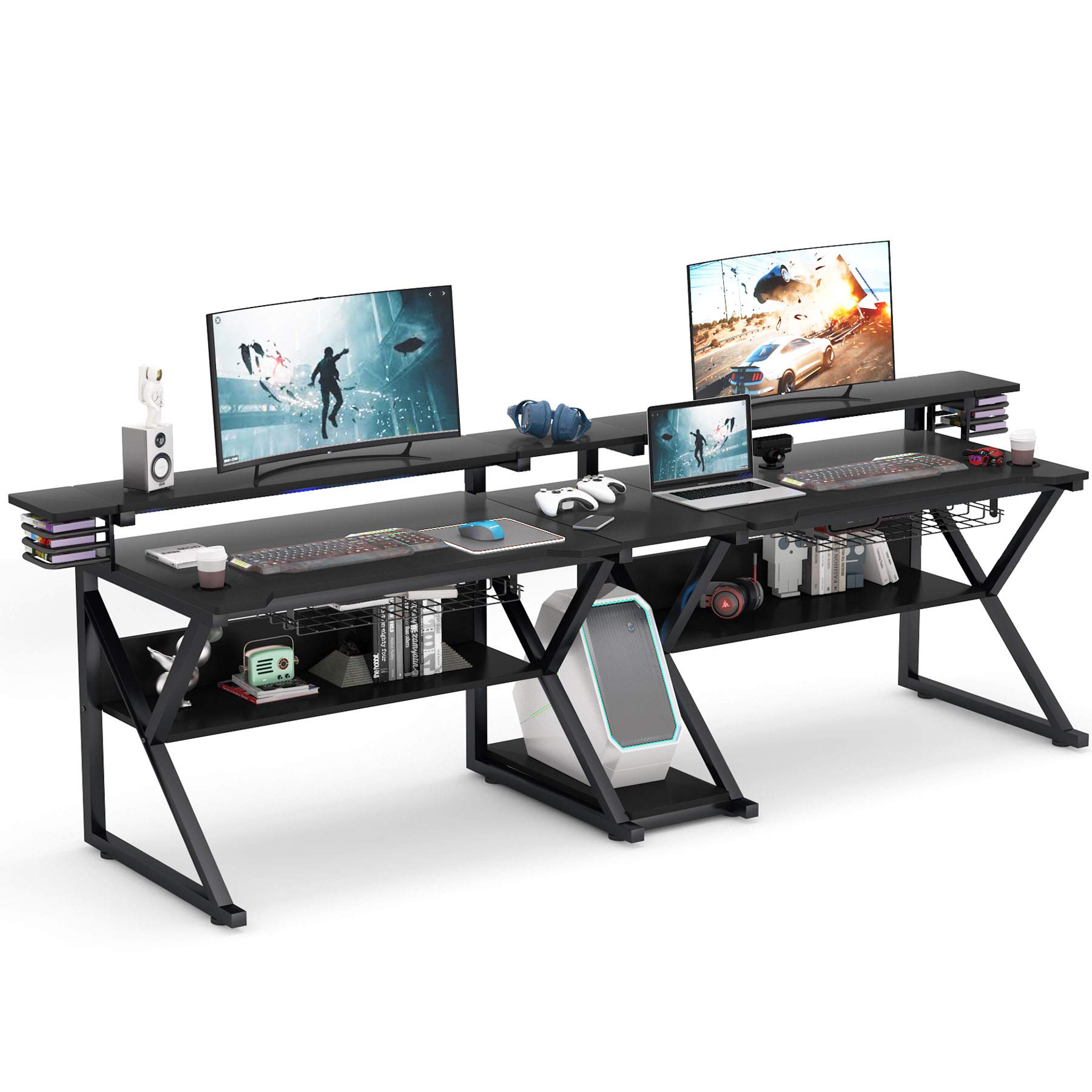 Tribesigns Double Computer Desk with Hutch Monitor Stand Riser, 102-Inch Two Person Large Gaming ...