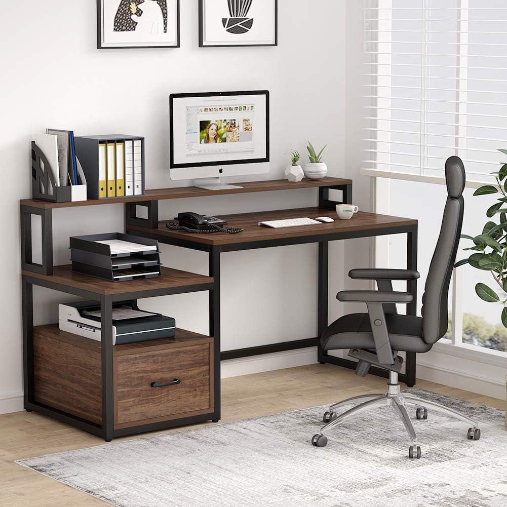 Tribesigns Computer Desk with File Drawer and Storage Shelves, 59&quot; Office Desk | eBay