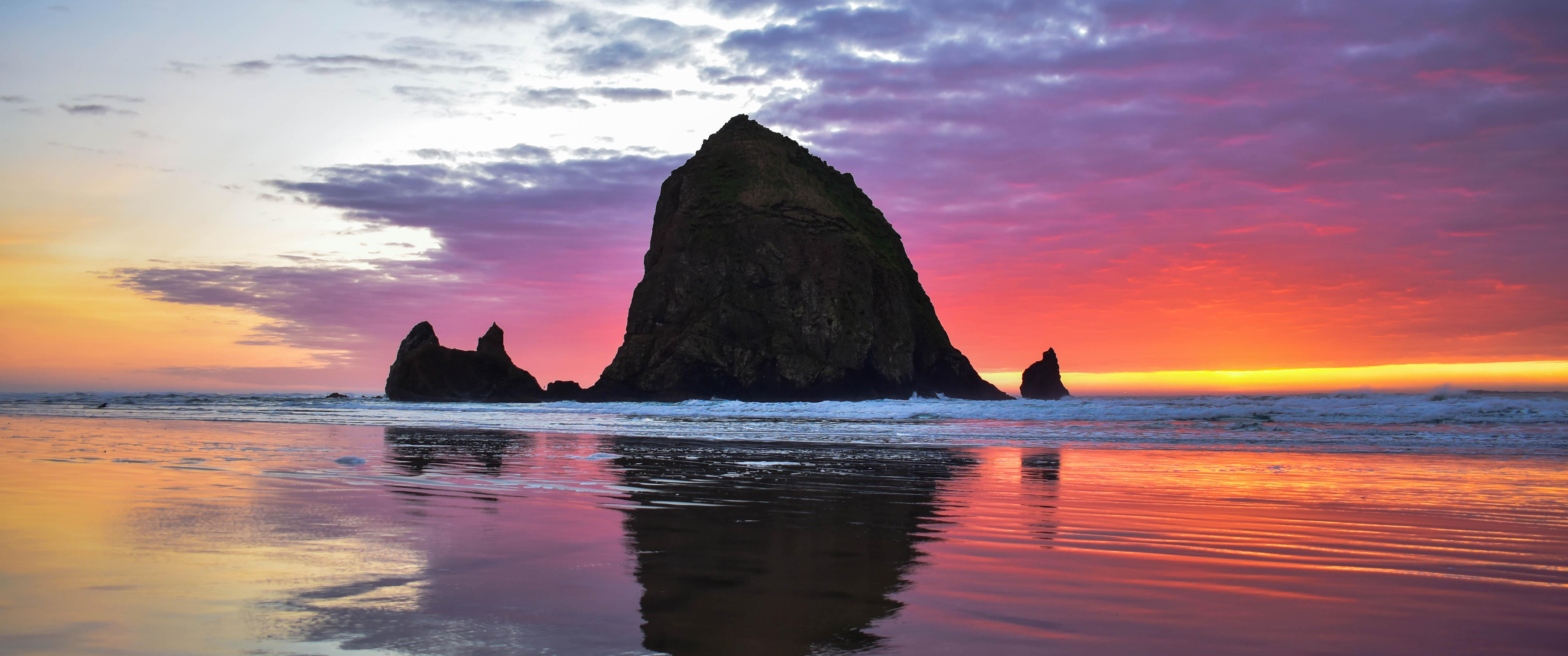 3440x1440 Cannon Beach Sunset 5k UltraWide Quad HD 1440P,HD 4k Wallpapers,Images,Backgrounds...