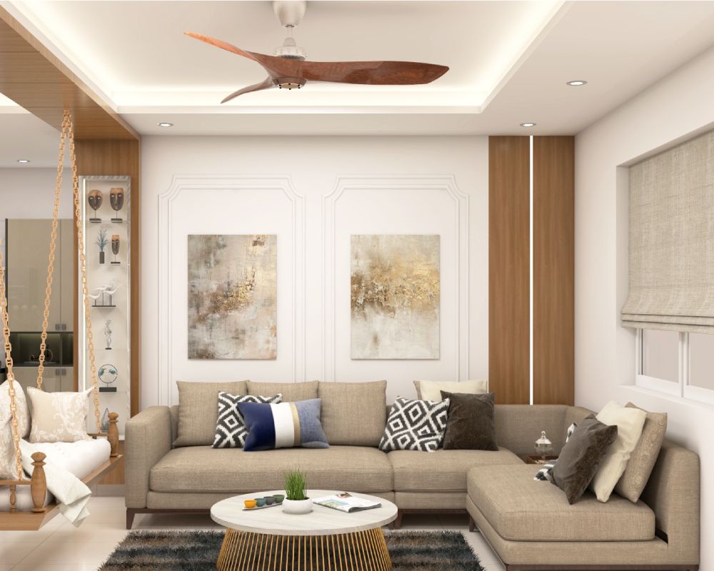 Light-Coloured Accent Wall Painting Design With Wall Trims | Livspace