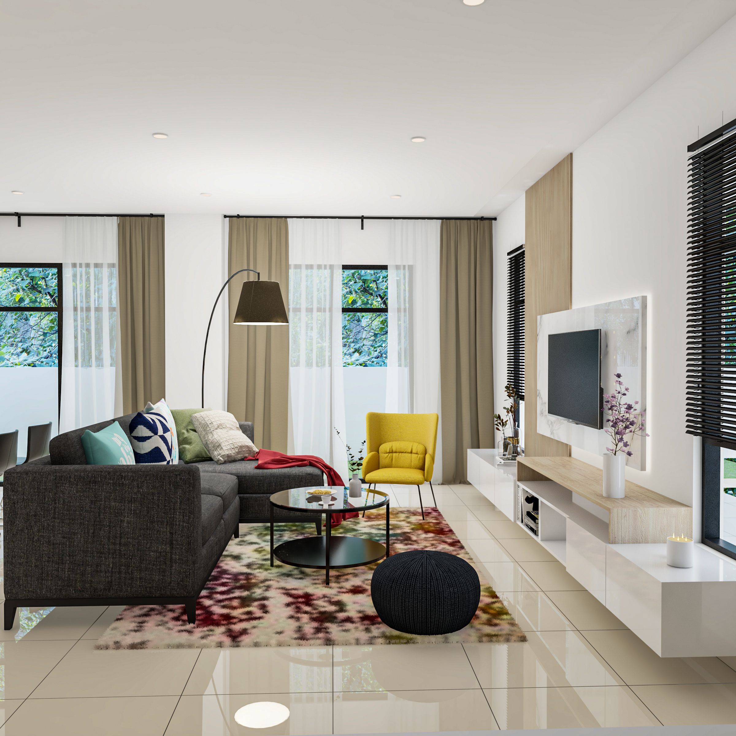 Spacious Living Room Design With TV Cabinet| Livspace