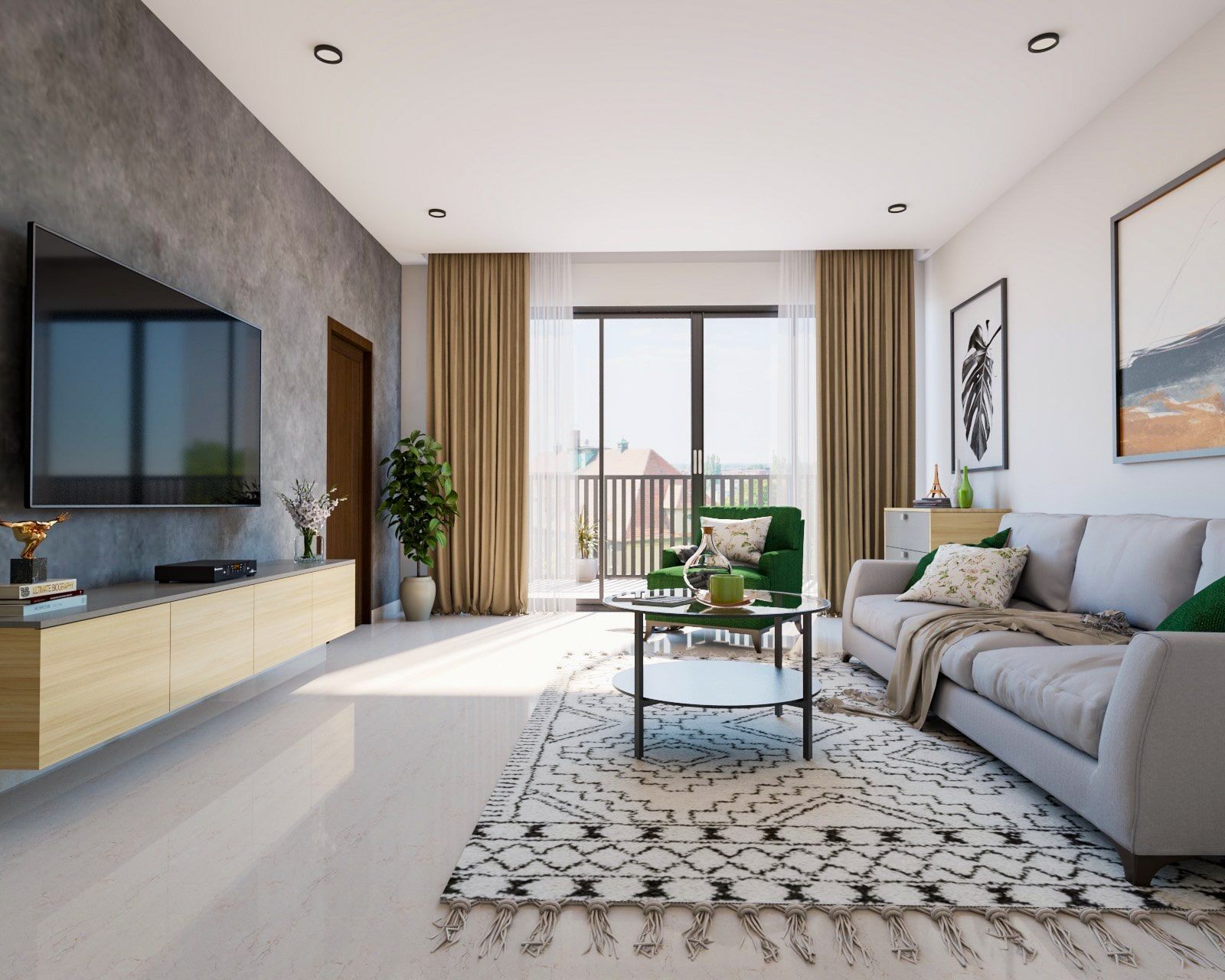 Spacious Living Room Design With Green Seatings | Livspace