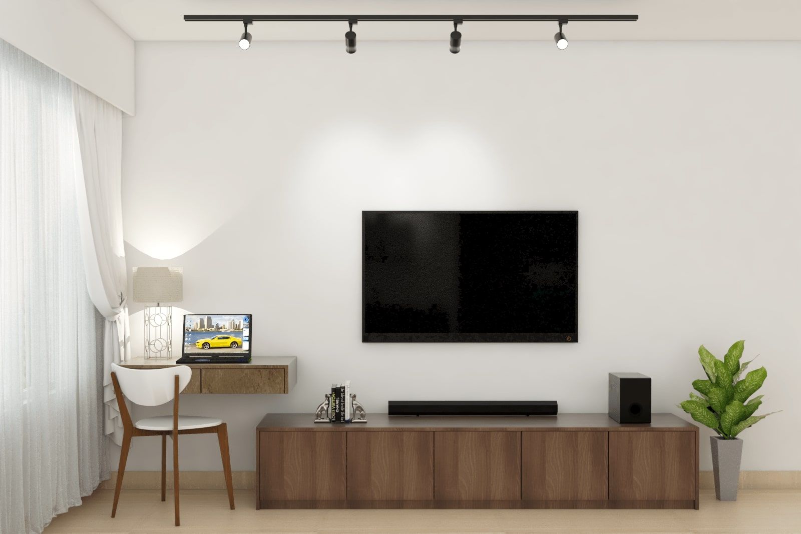 Spacious Living Room Design With Wall-Mounted TV Unit