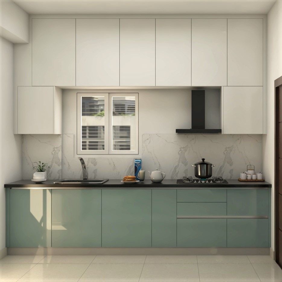 White-Green Themed Spacious Modular Kitchen Design| Livspace