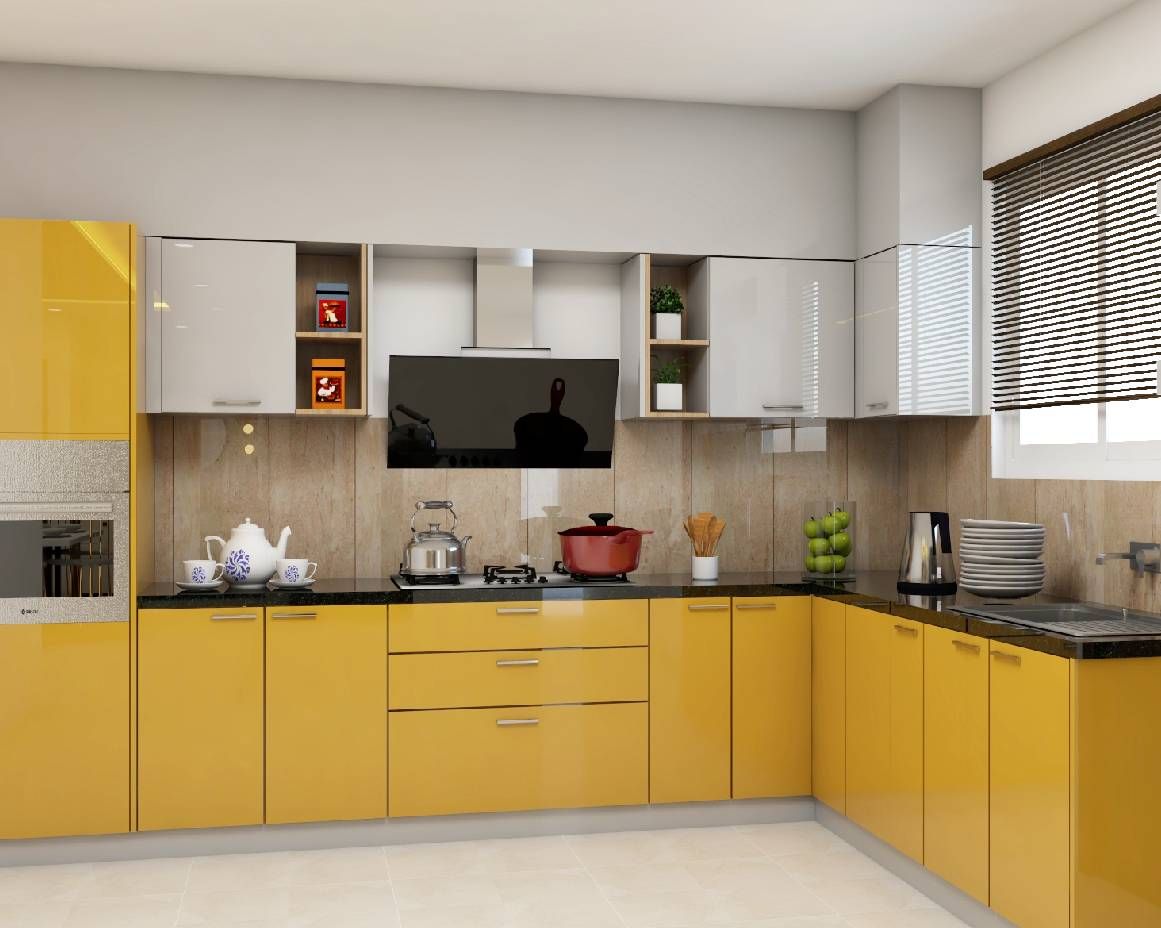 Modular Spacious Kitchen Cabinet Design With Yellow And White Laminate| Livspace