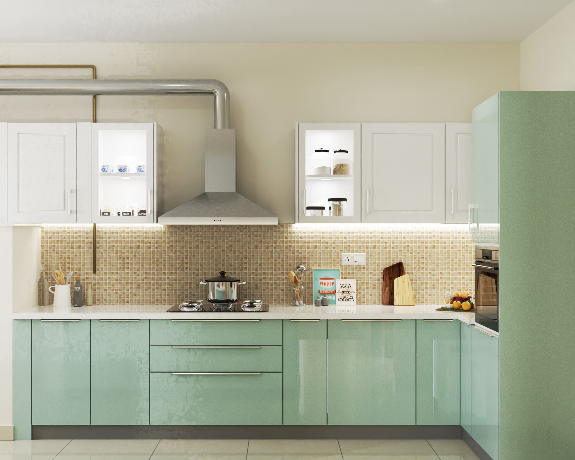 Glossy Pastel Green L-Shaped Spacious India Kitchen Design| Livspace