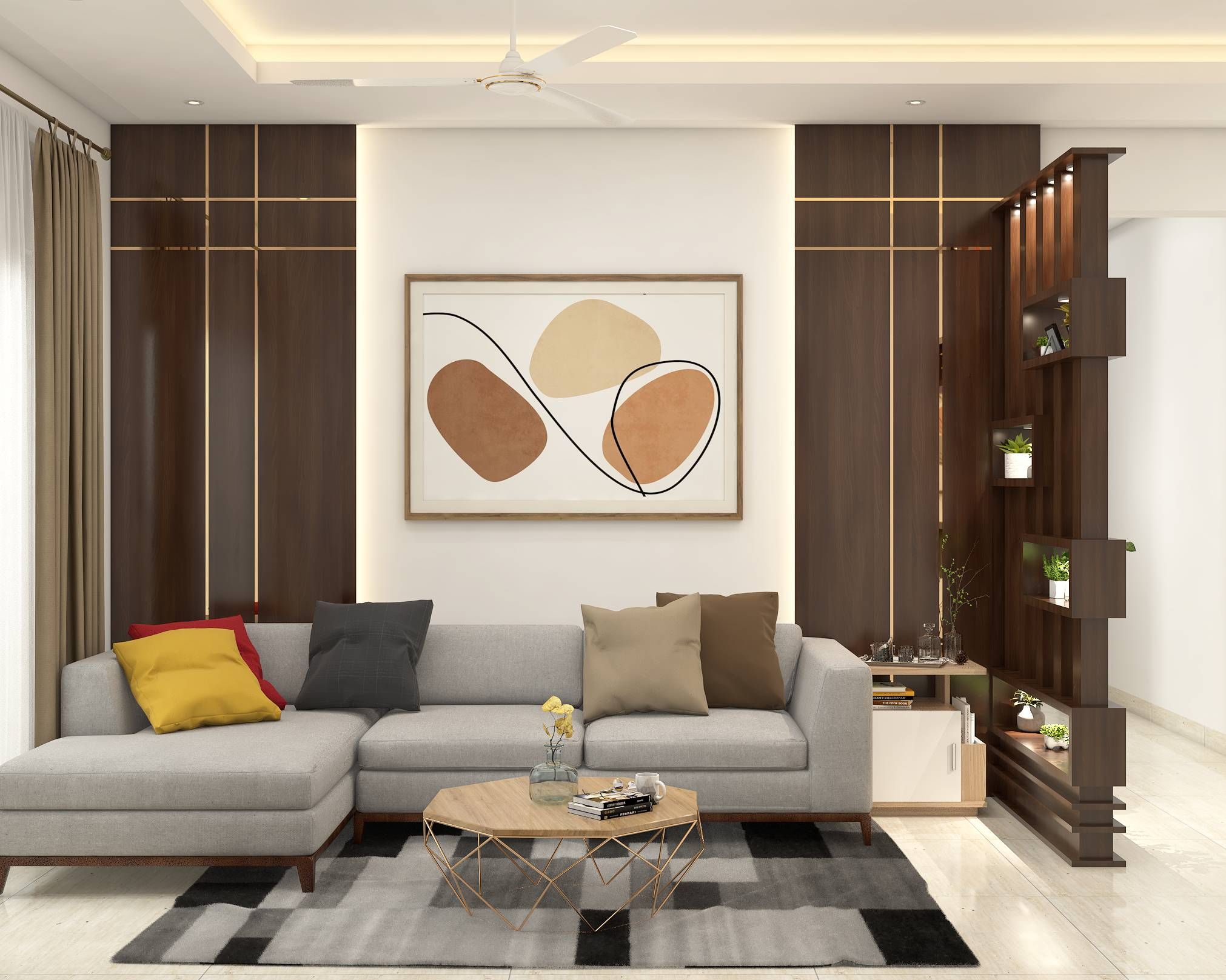 Compact Living Room Design With Wooden Panelling | Livspace
