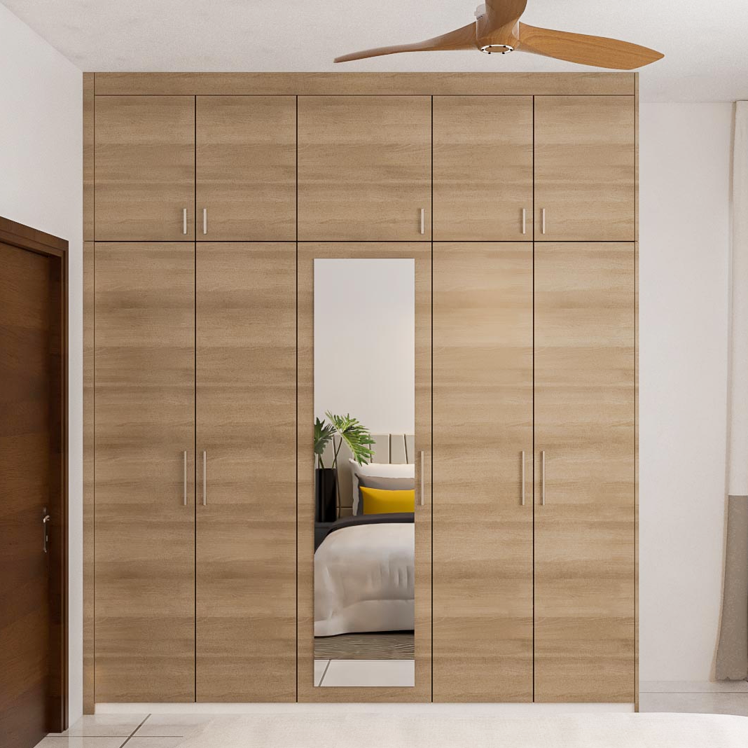 Modern Wardrobe Design In Light Wooden Textures And Mirror| Livspace