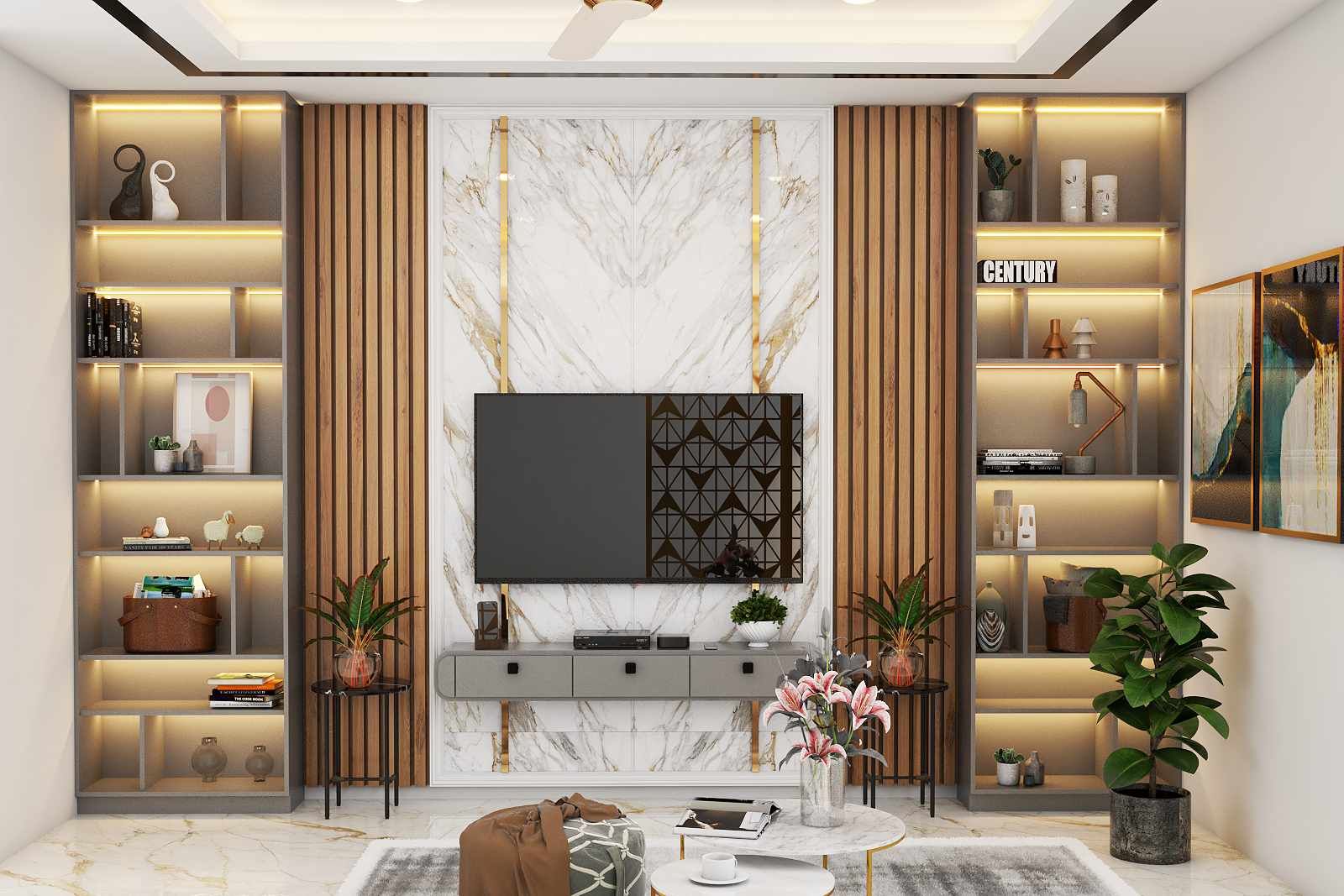 Premium Contemporary Style TV Unit Design With LED Lighting | Livspace