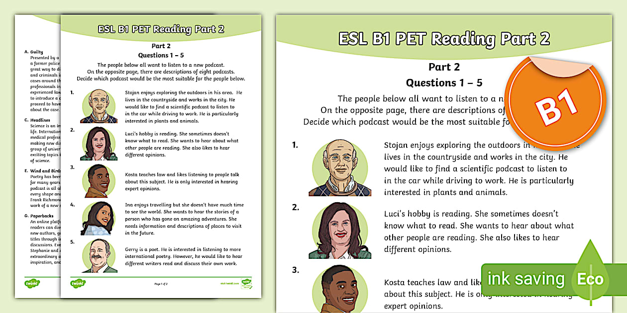ESL B1 PET Reading Part 2 (Podcasts) (Teacher-Made) - Twinkl