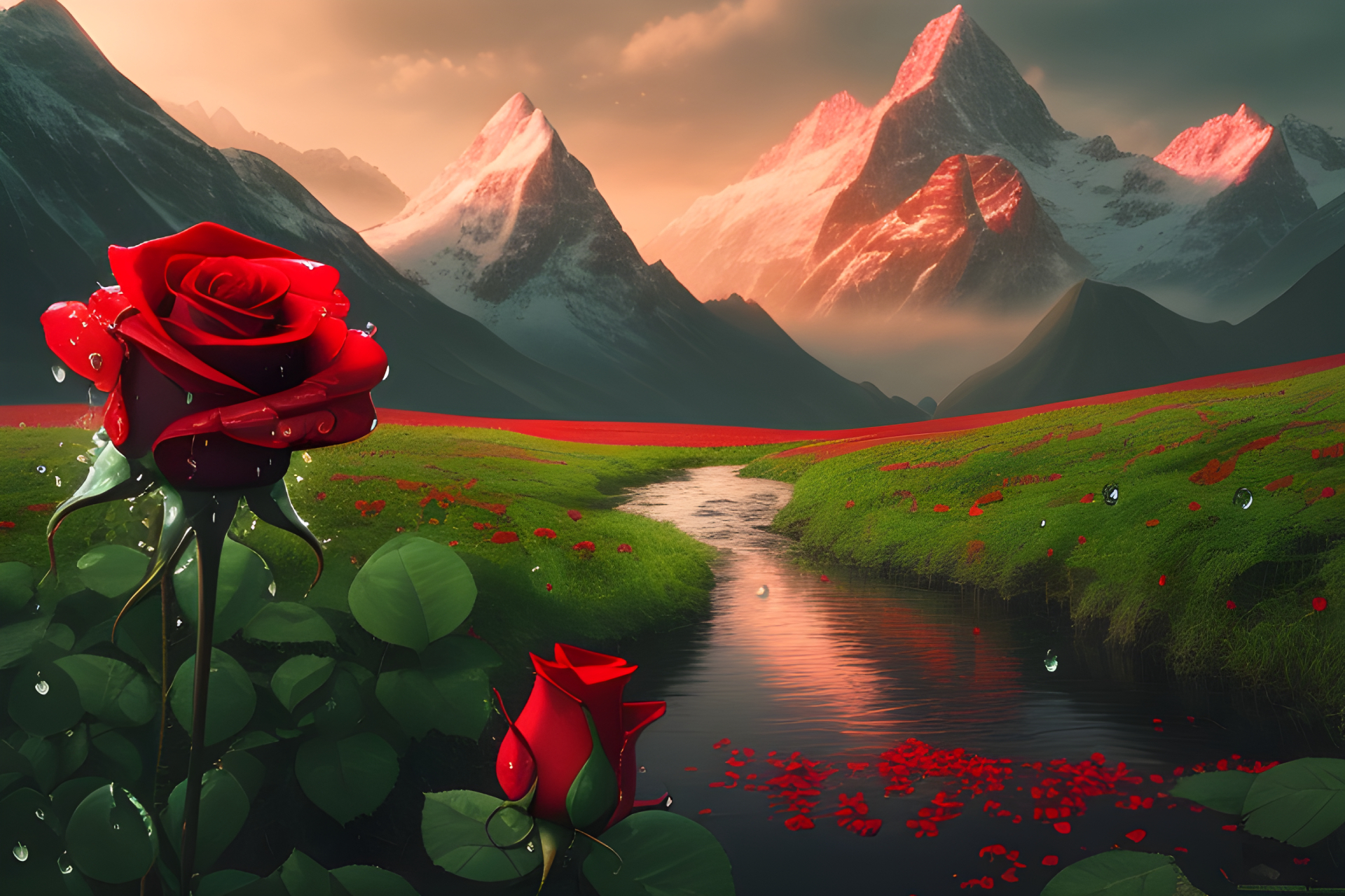 Red roses with Snowy Mountains HD Fantasy Landscape Wallpaper, HD Fantasy 4K Wallpapers, Images ...
