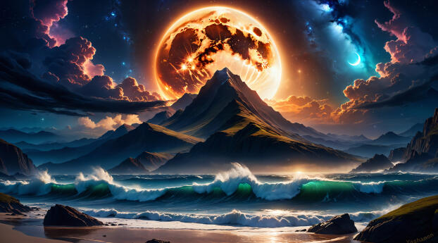 6880x1440 Resolution The Mountain Beach HD Moon 6880x1440 Resolution Wallpaper - Wallpapers Den