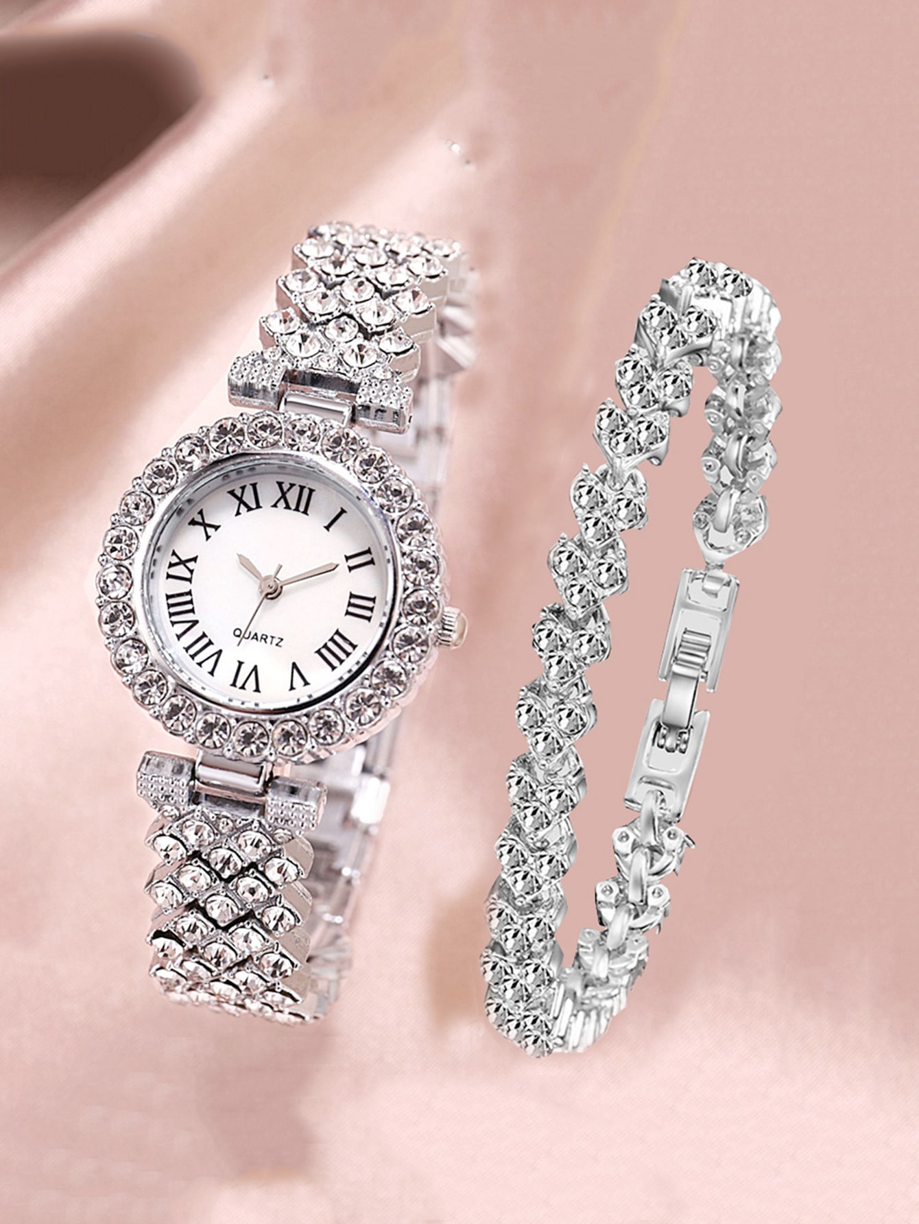 1pc Rhinestone Decor Quartz Watch & 1pc Bracelet