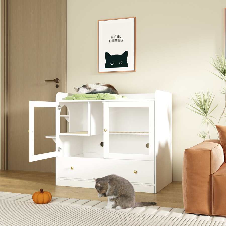 Luxury Cat Litter Box Enclosure, XL Multipurpose Cat Condo Hidden Litter Box With Large Tray...