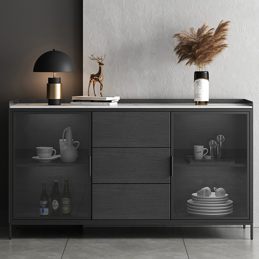 47&quot; Black Sideboard Buffet Doors&Drawers Sintered Stone Top Modern Sideboard Cabinet - Kitchen...
