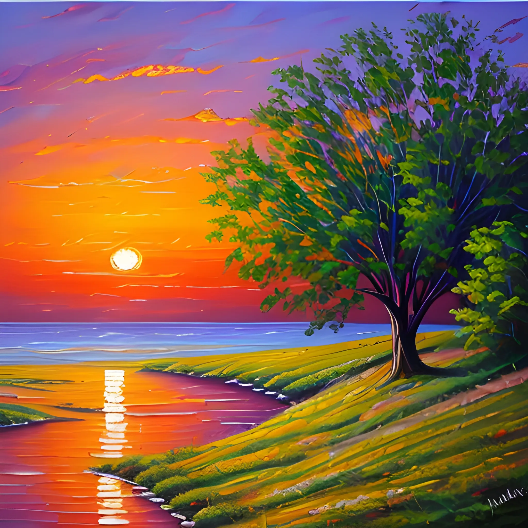 Sunset landscape painting, oil painting style, Oil Painting - Arthub.ai